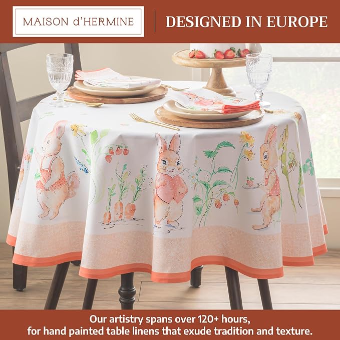 Maison d' Hermine Table Cloth Round Table 100% Cotton 69 Round Inches Tablecloth Reusable Decorative for Dining Kitchen Room Farmhouse Party Home Hotel Restaurant Spring Summer - Bunny Party