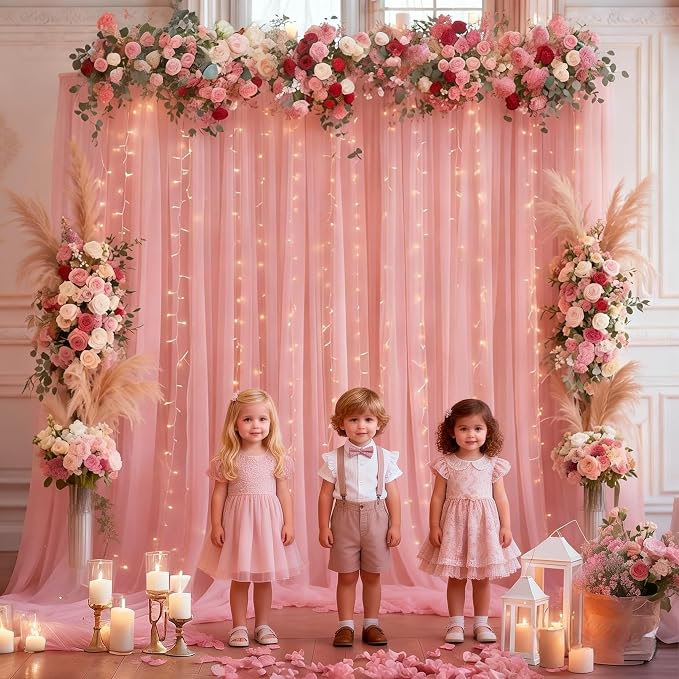 10x10ft Dusty Rose Tulle Backdrop Curtain with Lights String for Parites, Sheer Photo Backdrop Drapes for Wedding Baby Shower Bridal Shower Birthday Party Photo Shoot Background Decorations