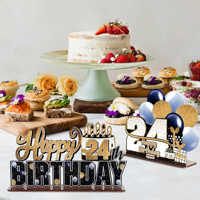 LINGTEER Happy 24th Birthday Gold Acrylic Table Topper Centerpieces Set - Cheers to 24 Years Old Birthday 24th Bday Party Gift Decorations.