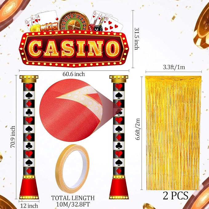 Peryiter 5 Pcs Casino Party Decorations with Gold Foil Curtain Backdrop Roaring Casino Themed Backdrop Awards Night Party Decor for Vintage Black Gold Art Event for Halloween, New Year, Birthday