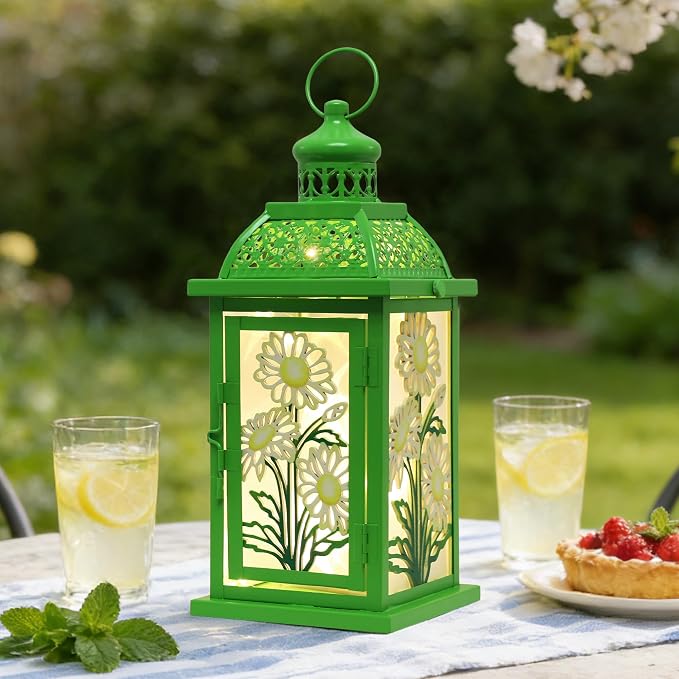 Spring Decorations for Home, 14.4" Decorative Daisy Green Lantern with 61" LED Lights(No Battery) for Home Indoor Outdoor Decor, Hanging Metal Candle Holders for Spring St.Patrick’s Day Gift