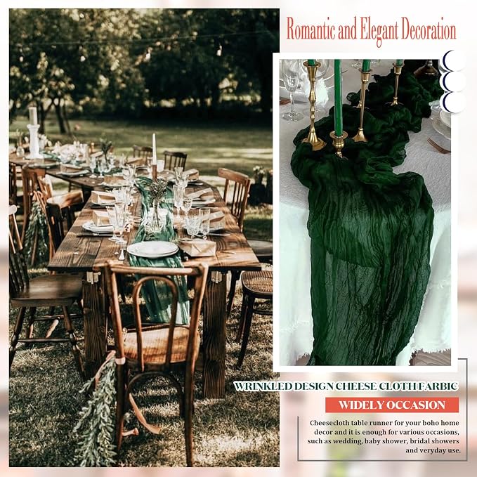 8 Pack 10 ft Dark Green Christmas Cheesecloth Table Runner 35x120 Inches Boho Gauze Rustic Cheese Cloth Runners Long Romantic Sheer Table Runner for Wedding Bridal Shower Party Decoration