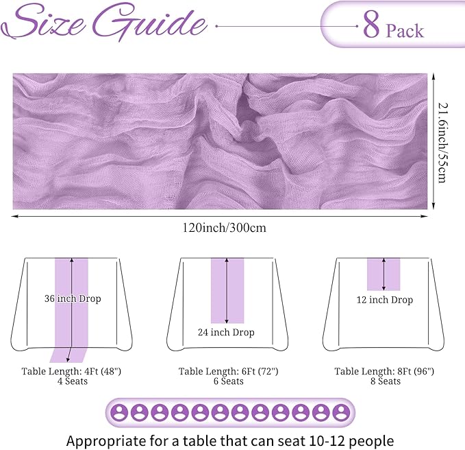 8 Pack Lavender Cheesecloth Table Runner 10FT Lilac Purple Boho Gauze Cheese Cloth Table Runner Rustic Sheer Fabric Table Runners for Wedding Bridal Shower Baby Shower Party(21.5×120 Inch)