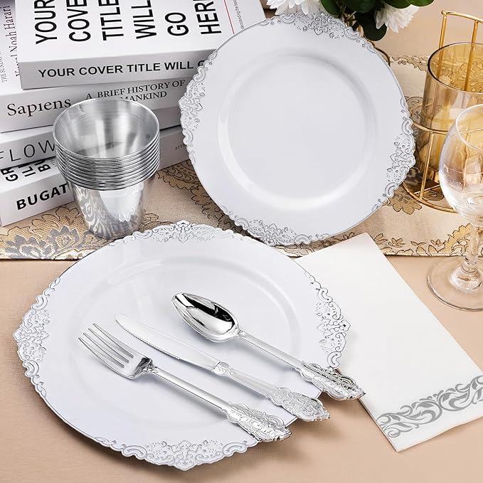 Bestluck 350PCS Silver Plastic Plates for 50 Guests, Disposable Dinnerware Set Includes 100 Disposable Plates, 150 Silver Silverware, 50 Cups, 50 Napkins for Party & Wedding