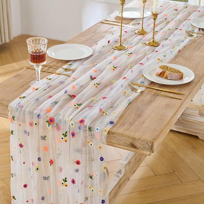 BINBE 3pcs Ivory Daisy Spring Table Runner Embroidery Gauze 10FT Florals Seasonal Tulle Holiday Birthday Kitchen Dining Table Decor for Home Party