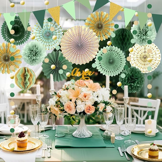 Sage Green Gold Party Decorations, Paper Fans Honeycomb Balls Circle Garlands for Graduation, Boho Gender Neutral Baby Shower, Olive Woodland Birthday, Bridal Shower Party Supplies, 20Pcs