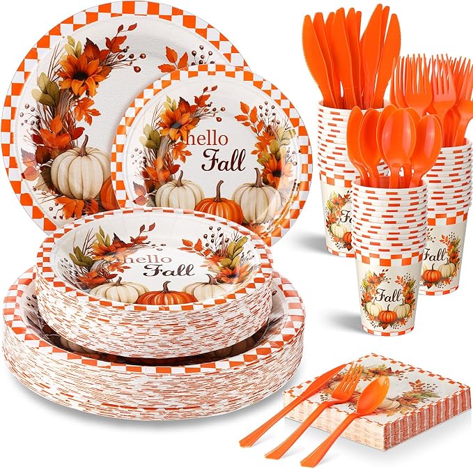Sliner 350 Pcs Fall Paper Plates and Napkins Sets Party Supplies Thanksgiving Disposable Tableware Set Heavy Duty Pumpkin Paper Plates Orange Fall Cups Napkins Knife Fork Spoon, Serve 50 Guests