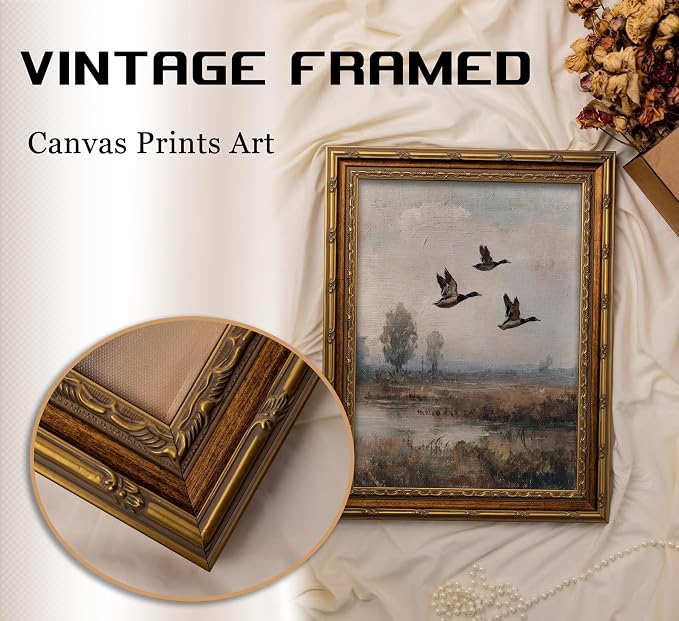 Vintage Gold Framed Flying Duck Wall Art Mallard Duck Canvas Wall Decor Rustic Mallard Poster Artwork Retro Rustic Farmhouse Animal Picture for Home Living Bedroom Farmhouse Hallway
