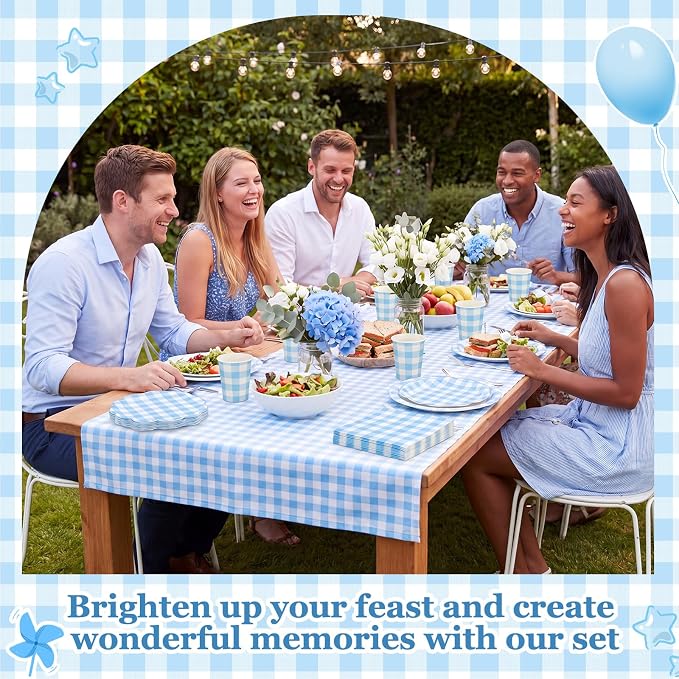 Funnymoom 250 Pcs Blue Gingham Paper Plates and Napkins Party Supplies Blue White Checkered Disposable Plaid Tableware Set Scalloped Dessert Plates for Wedding Bridal Shower Picnic Party Decorations
