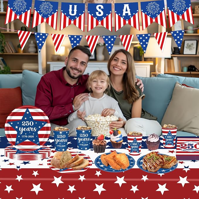 250th Anniversary USA Merchandise, 4th of July Decorations, Patriotic Party Supplies for Independence Day, Tablecloth, Plates, Napkins, Cups, Banner for 4th of July, 24 Guests