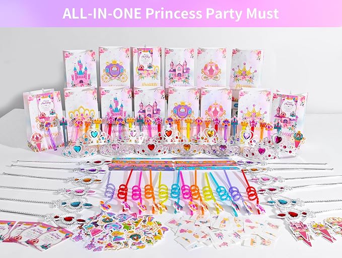308PCS Princess Birthday Party Decorations Favors, Including Goodie Bags, Crown, Magic Wand, Straws, Bubble Wands, Stickers, Cake Toppers, Tattoo & More-Perfect for Party Decorations & Pinata Fillers