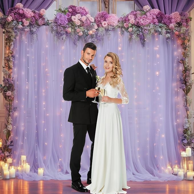 10x10ft Purple Tulle Backdrop Curtain with Lights String for Parites, Sheer Photo Backdrop Curtains for Wedding Baby Shower Birthday Party Photo Shoot Decorations