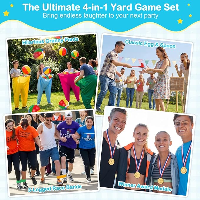 Granny Pants Yard Game Field Day Carnival Outdoor Games Combo Set with Egg Spoon Race 3 Legged Relay Race Bouncy Tossing Ball Adult for Lawn Picnic Family Reunion Team Party