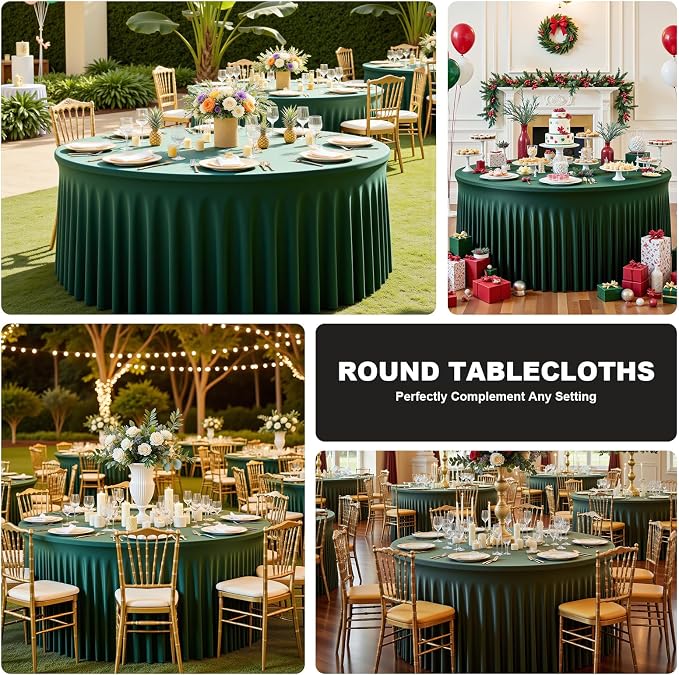 72 Inch Dark Green Round Tablecloth,Washable Stretchy Fitted Circular Table Cover with Elastic Edge for 6FT Round Table, Reusable Tablecloth for Wedding Banquet Party Birthday Buffet Dining