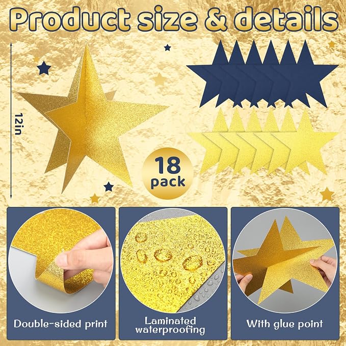 Sinload 18 Pcs Large 3D Glitter Star Decorations Back to School Work Blue Gold Star Centerpiece Standing Hanging Decor for School Centerpiece Starry Movie Night Themed Party Decor