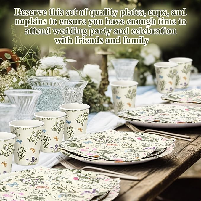 Ziliny 250 Pcs Wildflower Party Decorations Include Spring Summer Floral Paper Plates Napkins and Cups for Wildflower Baby Shower Tea Decorations, Serve 50 Guest(Light Green,Vintage Style)