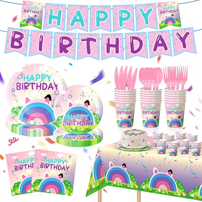 170PCS Dollhouse Birthday Party Decorations, Dollhouse Party Supplies for Kids - Tableware Set with Plates, Cups, Napkins, Cutlery and Banners, Serve 24