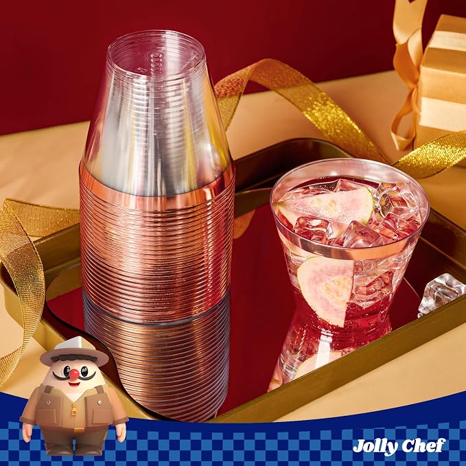 JOLLY CHEF 100 Pack Rose Gold Plastic Cups, 9 oz Clear Plastic Tumblers, Elegant Rose Gold Rimmed Cups, Disposable Glasses for Wedding, Thanksgiving Day, Christmas Party