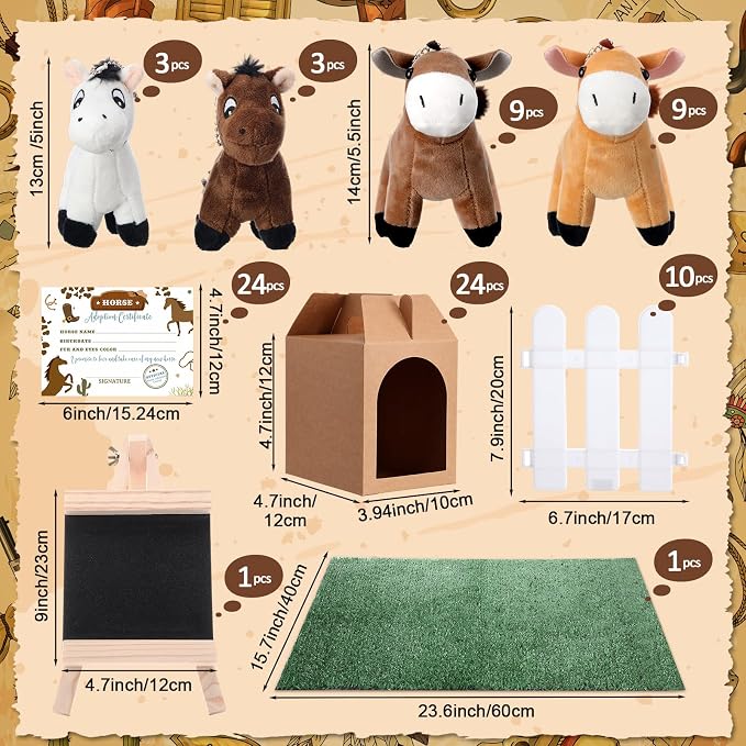 Blueweenly 84 Pcs Adopt a Pet Party Supplies 24 Mini Animals 10 White Plastic Fence 24 Paper Gift Boxes 24 Adoption Cards with Mini Chalkboard and Artificial Lawn(Pony)