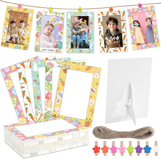 100Pcs Easter Paper Photo Frames 4x6 Paper Photo Frames with flower Clip String Kit DIY Hanging Cardboard Picture Holder Bulk with Stand Happy Easter Class Game Activities Gift Wall Decor Wedding Home