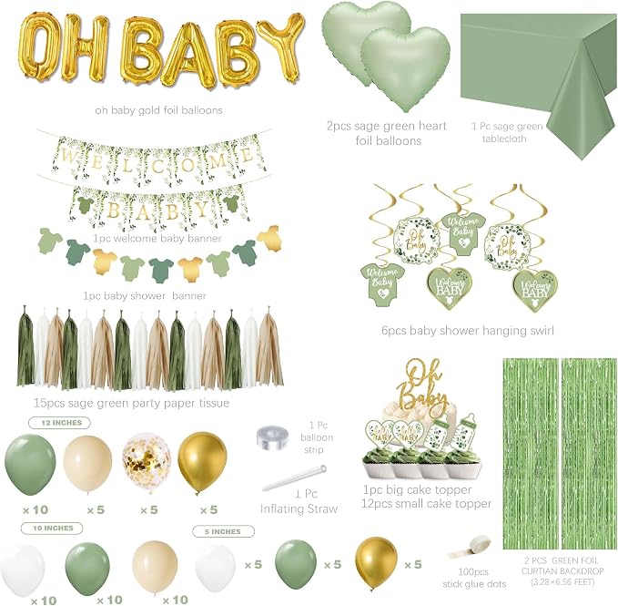 Sage Green Baby Shower Decorations,155 pcs Neutral Baby Shower Decor Supplies, welcome baby banner, Disposable "OH BABY" Balloon Arch, Paper Tassels, tablecloths