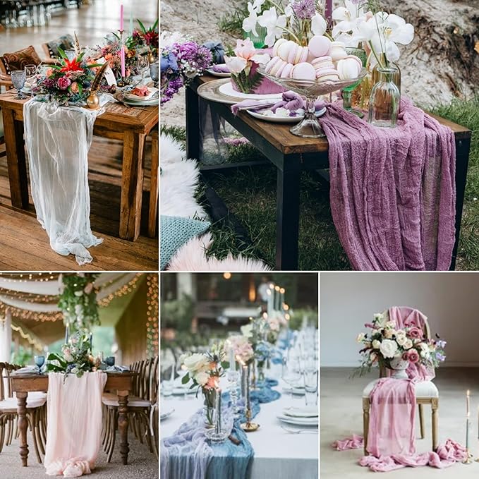 8 Pack Grass Green Cheesecloth Table Runner 10Ft Boho Table Runners 35x120Inch Romantic Cheese Cloth Table Runner for Wedding Birthday Party Bridal Baby Shower Engagement Holiday Christmas Table Decor