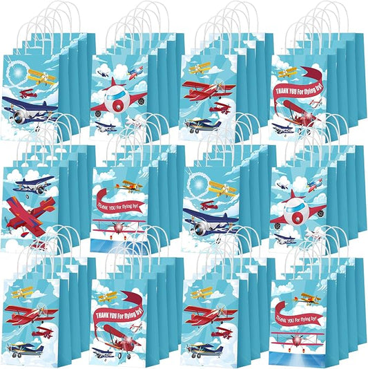 Outus 48 Pcs Airplane Party Favor Bags Paper Airplane Goodie Bags Plain Gift Pouch‌ Blue Aircraft Candy Treat Pouch‌ with Handles for Birthday Party Decorations Supplies