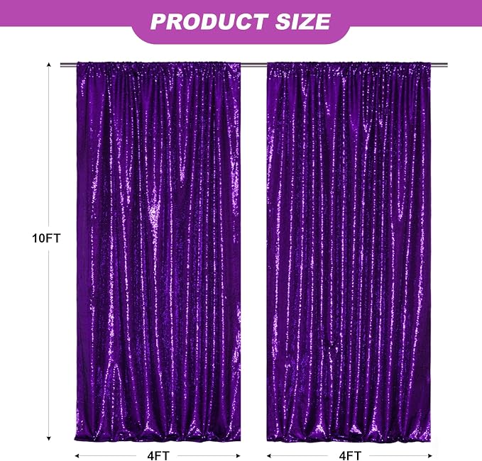 SquarePie 2 PCS 4x10ft Purple Sequin Backdrop for Photography, Extra Long Satin-Backed Real Sequin Curtain, High-Density Shimmering Background with 4" Rod Pocket for Wedding Ceremony, 2 Panels