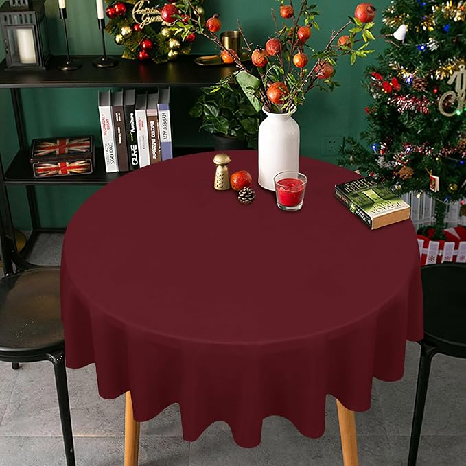 sancua Round Tablecloth - 60 Inch - Water Resistant Spill Proof Washable Polyester Table Cloth Decorative Fabric Table Cover for Dining Tables, Buffet Parties and Camping, Burgundy