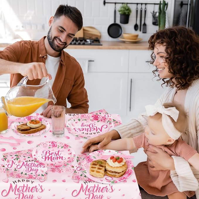 122 PCS Mothers Day Plates and Napkins Set, Serves for 30 Guests Pink Mother's Day Home Decor with Flowers, Disposable Paper Plates Napkins Plastic Forks Tablecloth for Best Mom Party Supplies