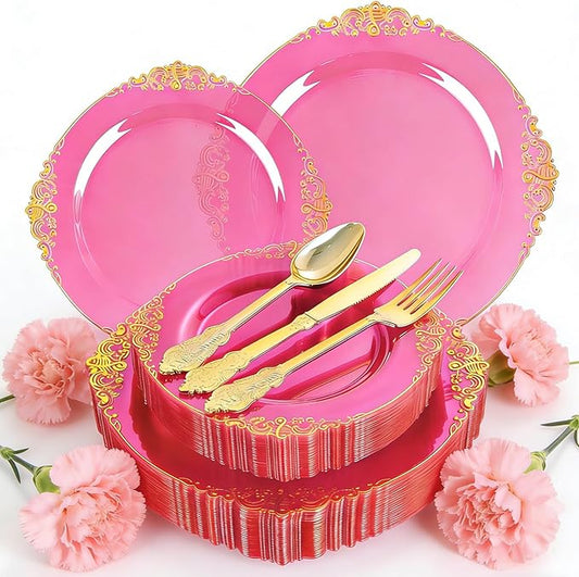 125PCS Hot Pink Plastic Plates - Clear Pink Gold Disposable Plates - Hot Pink Party Plate with Gold Plastic Silverware Set for 25 Guests for Wedding Birthday Party Baby Shower Mother‘s Day