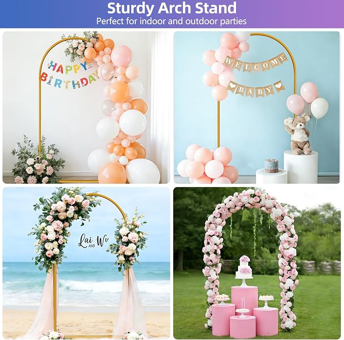 Hemmotop 6.6FT Arch Backdrop Stand for Party, Ceremony, Metal Arch Frame with Ground Stakes, Gold Photo Back Drop Stand for Bridal Shower, Birthday, Photo Booth, Garden Decoration, Baby Shower