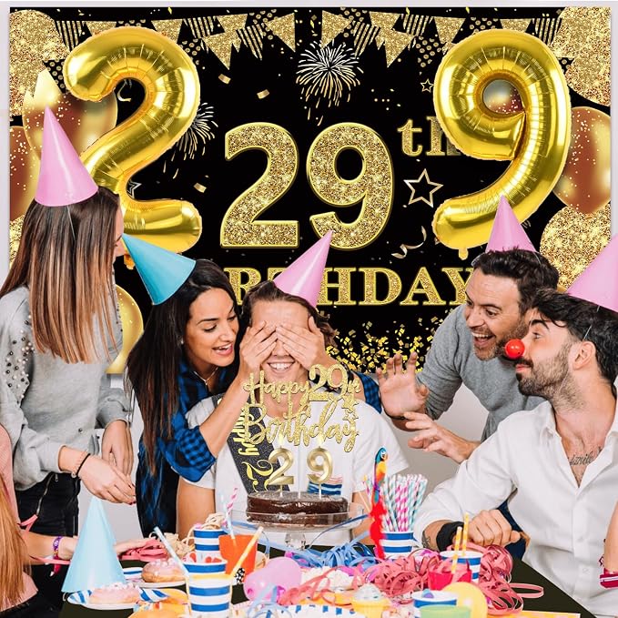 29th Birthday Decorations Men Women with 29th Birthday Banner, Black and Gold Table Cloth, Number Balloons, Large Sash, Cake Topper and Candles