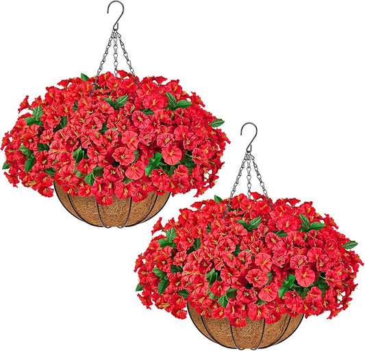 TTQ Set of 2 Artificial Hanging Flower Baskets for Outdoor Decor, 16 Bundles Faux Silk Morning Glory Flowers with 2 Hanging Baskets for Porch Patio Balcony Garden Spring Summer Decoration
