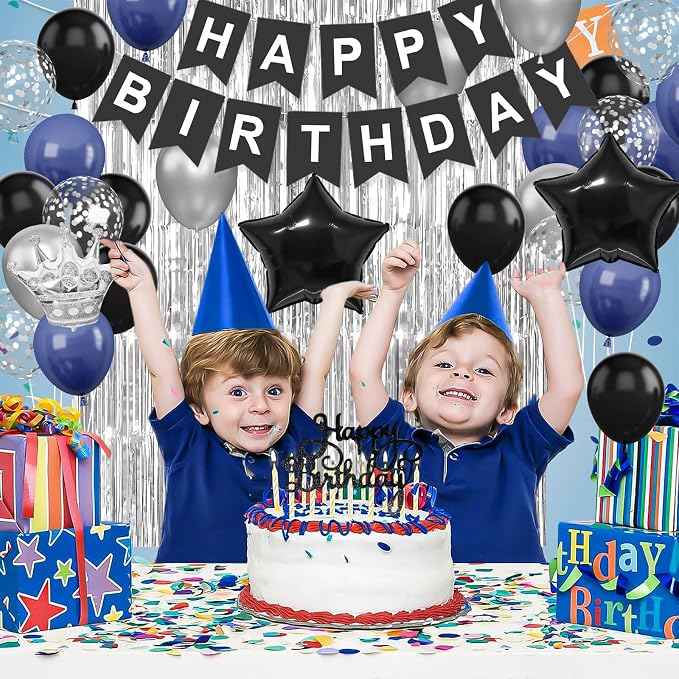 Navy Blue and Black Birthday Decorations for Men, Black Blue Confetti Balloon with 'HAPPY BIRTHDAY' Banner Fringe Curtains Crown Foil Balloons Cake Topper for Men Boys Adults Party Decor