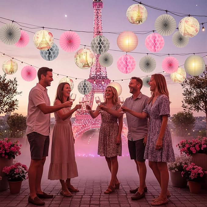 Retisee 18 Pcs Paris Party Decorations Eiffel Tower Theme Hanging Paper Lanterns Pink Grey Honeycomb Fans Honeycomb Ball for European City Landscape Pink Theme Party Birthday Ceiling Decor Supplies