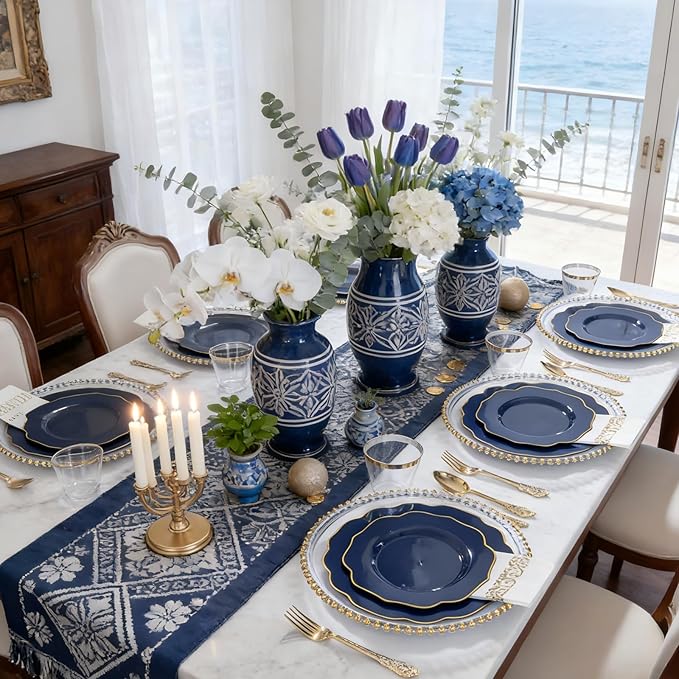 NOCCUR 175PCS Blue Plastic Plates with Disposable Silverware - Include 50 Blue Disposable Plates with Gold Rim,75 Gold Cutlery,25 Cups,25Napkins for Party/Wedding/Graduation/Memorial Day