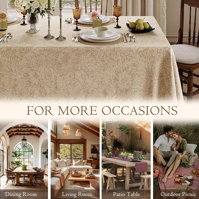 Beige Thick Linen Tablecloth for Rectangle Tables, Waterproof Wipeable Decorative Table Cover for Dining Kitchen Indoor Outdoor, 55" x 71", 4-6 Seats