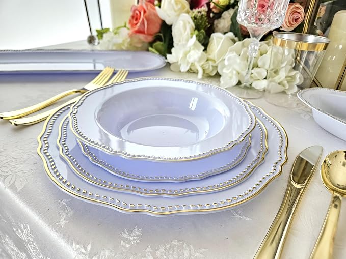 " OCCASIONS " 640pcs set (80 Guests)-Heavyweight Wedding Party Disposable Plastic Plate Set -80 x 10.25'' + 80 x 7.5'' + Silverware + Cups + Napkins (Rochelle Blue and Gold)