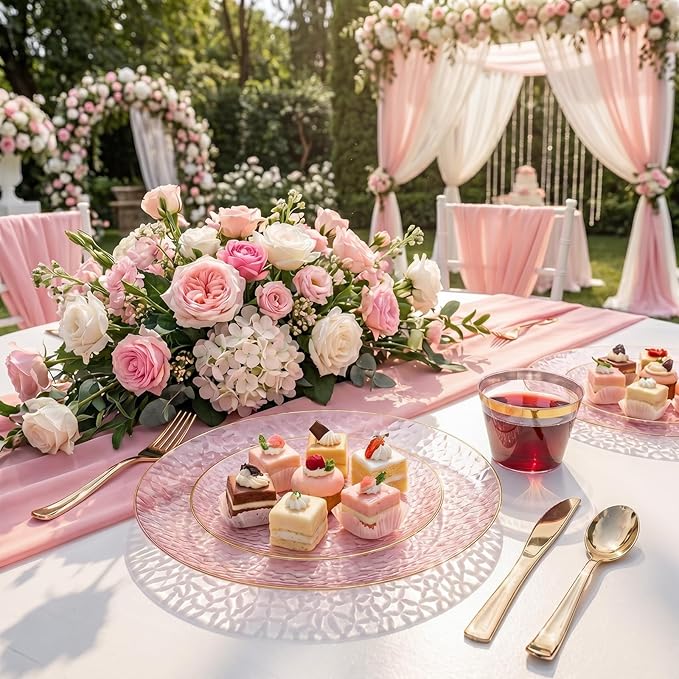 175PCS Pink Plastic Plates for 25 Guests, Disposable Plates for Party, Heavy Duty Disposable Plate Set Include: 25 Dinner Plates, 25 Dessert Plates, 25 Cups and Cutlery for Mother's Day