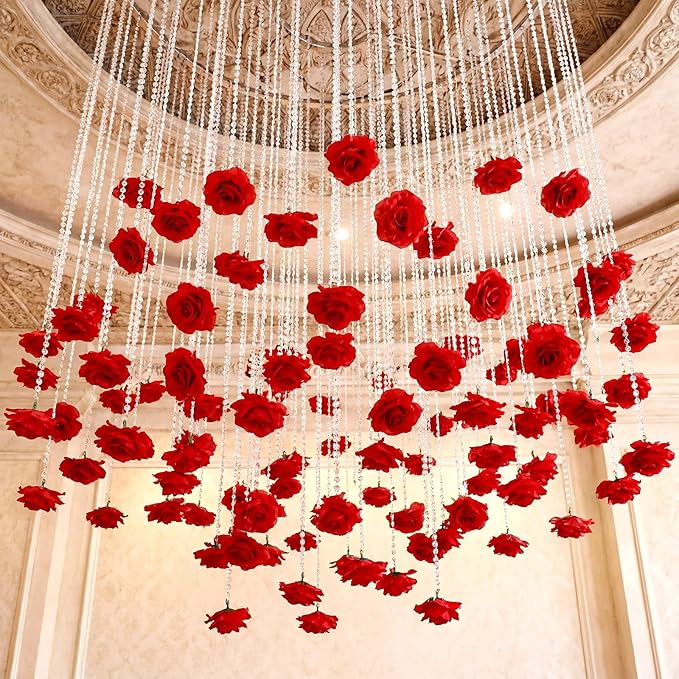 Norme 16pcs 31.4 Inch Red Rose Hanging Garland Crystal Beaded String Garland Artificial Rose Flower Decor for Mother's Day Ceiling Wedding Engagement Bridal Shower Party Decorations