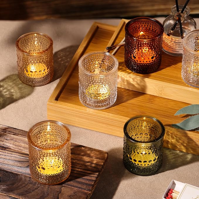 30 Pcs Amber Votive Candle Holders, Amber Glass Candle Holder with Polka Dot Embossed, Vintage Votive Candle Holders for Boho Weddings, Home Decor, Baby Shower, Special Occasions