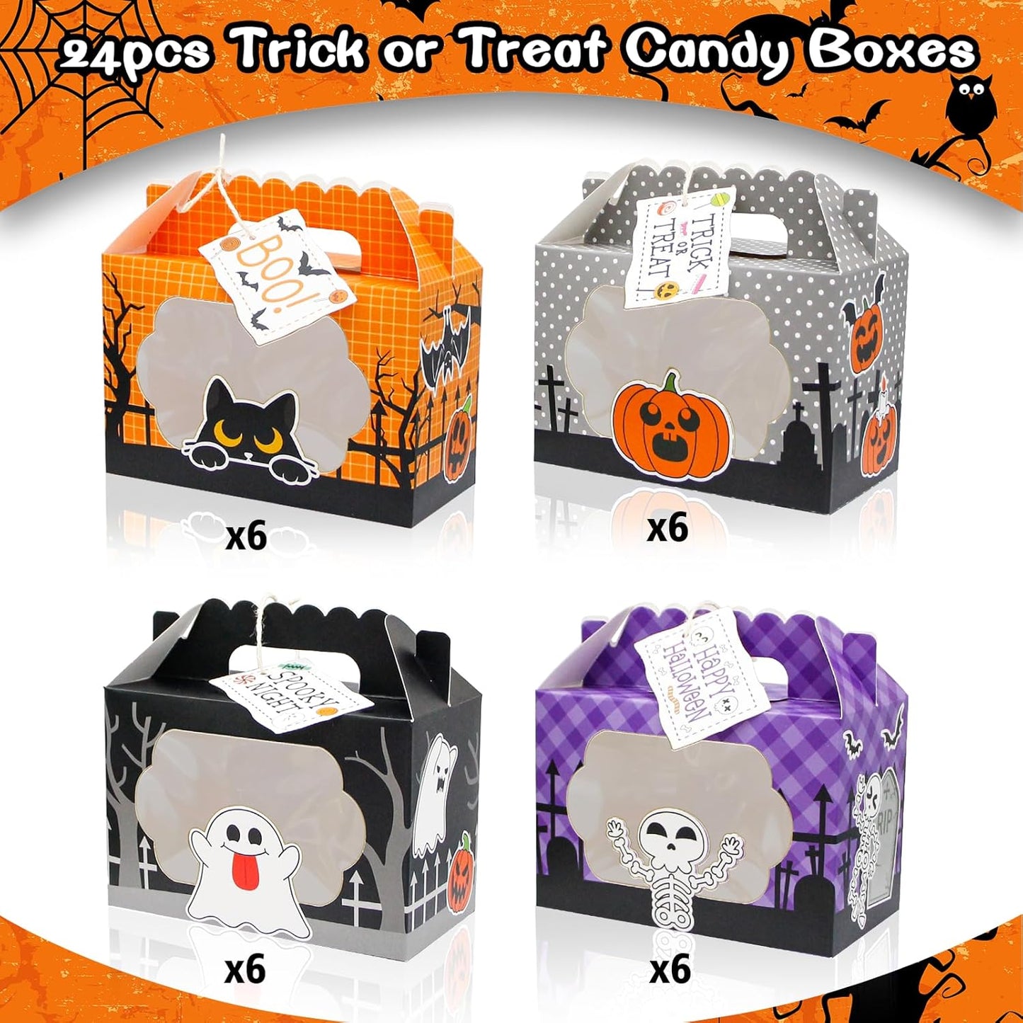 24 Pack Halloween Treat Boxes, Trick or Treat Candy Boxes with Window Halloween Party Favors Gift Goodie Boxes Supplies for Cookie Biscuit Donuts Dessert Cupcake Pie