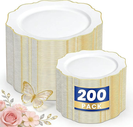 WDF 200PCS White and Gold Plastic Plates - Gold Plastic Plates - Include 100 Dinner & 100 Dessert Disposable Party Plate - Fancy Disposable Plate for Wedding/Baby Shower/Spring/Mother's Day