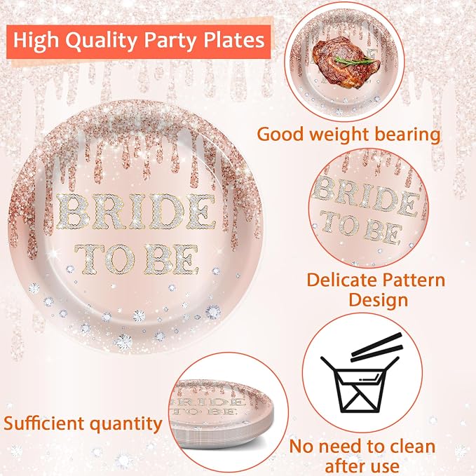 96Pcs Bridal Shower Party Decorations Rose Gold Themed Tableware Bride to Be Paper Plates Napkins Pink Bride to Be Dinnerware Party Supplies for Bachelorette Bridal Wedding Engagement Serves 24 Guests