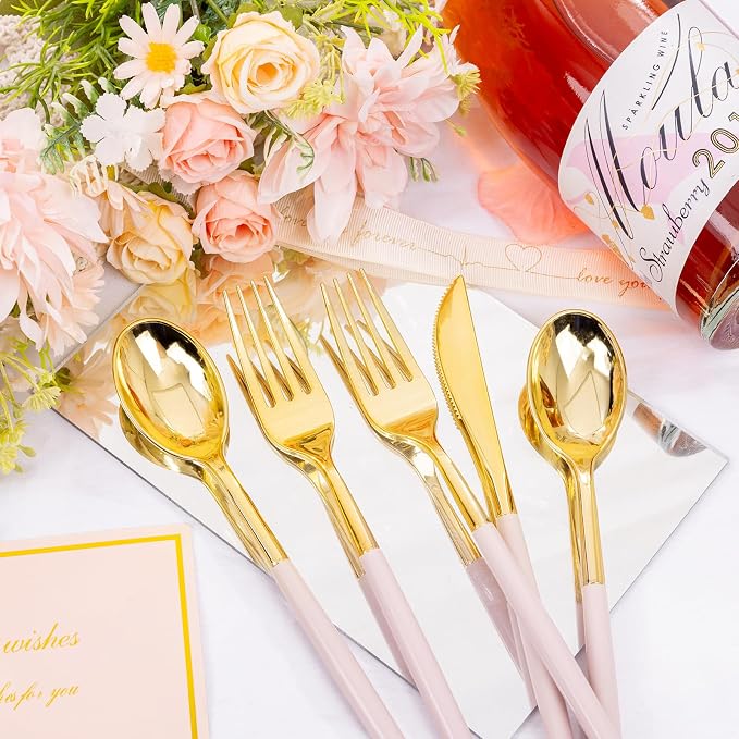 SUT 160Pcs Pink and Gold Plastic Silverware, Heavy Duty Plastic Silverware, Valentines Plastic Utensils, 80 Plastic Forks, 40 Knives, 40 Spoons, Disposable Cutlery for Parties, Valentines(Pink Gold)