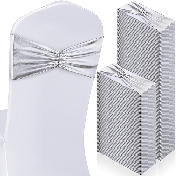 Hahafelt 100 pcs Chair Sashes Shiny Bow Spandex Bands for Chair Wedding Banquet Parties Reception Restaurant Decoration, Sliver