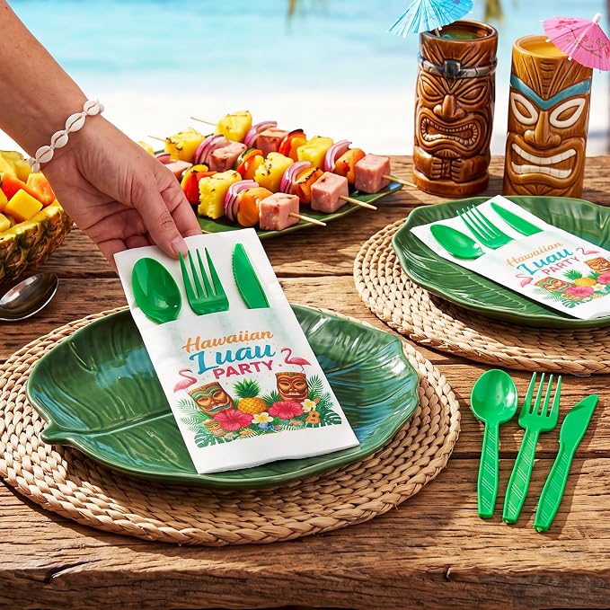LemonRoad 50 Sets Hawaiian Luau Party Plastic Silverware Serves 50 Green Disposable Prefolded Summer Cutlery Includes Forks Knives Spoons Paper Napkin Luau Party Tableware for Tropical Beach Birthday