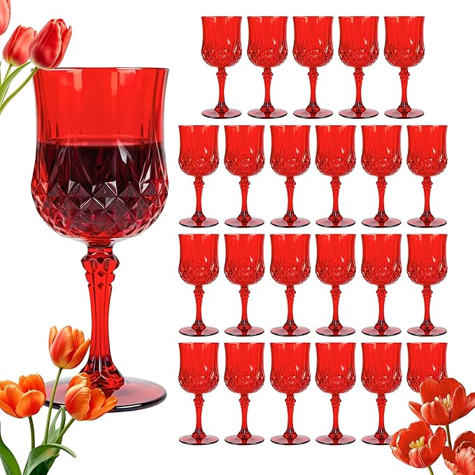 Plastic Wine Glasses, Plastic Goblets Vintage Style Cordial Unbreakable Drinking Glasses, Reusable Drinkware for Wedding Reception, Grand Event Party Supplies (24, Red)
