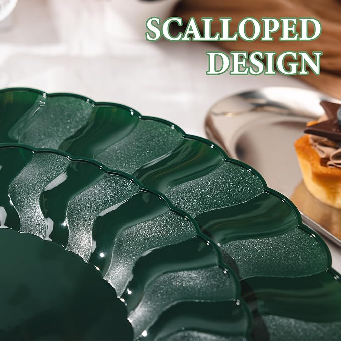 Lullaby 60PCS Green Scalloped Plastic Plates, Disposable Elegant Party Plates Include 30pcs Dinner Plate 10.25", 30pcs Plastic Dessert Plate 7.5", Perfect for Wedding and Party